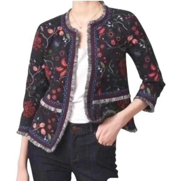 Loft  Navy Primavera Strawberry Floral Fringe Open Jacket Size 12 - Picture 1 of 10